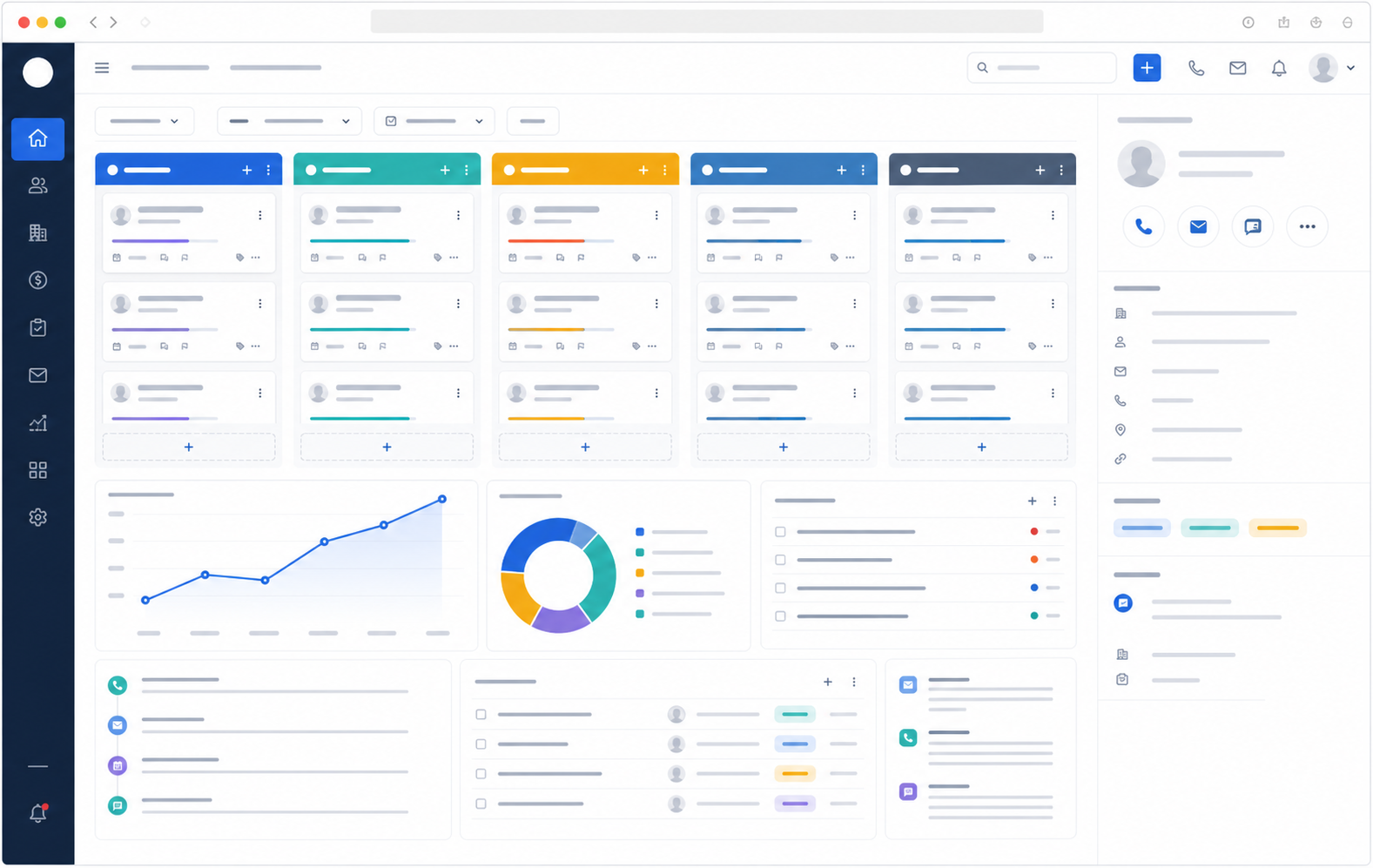 WhizzAct CRM dashboard with lead management, sales pipeline, customer engagement, quotations and analytics